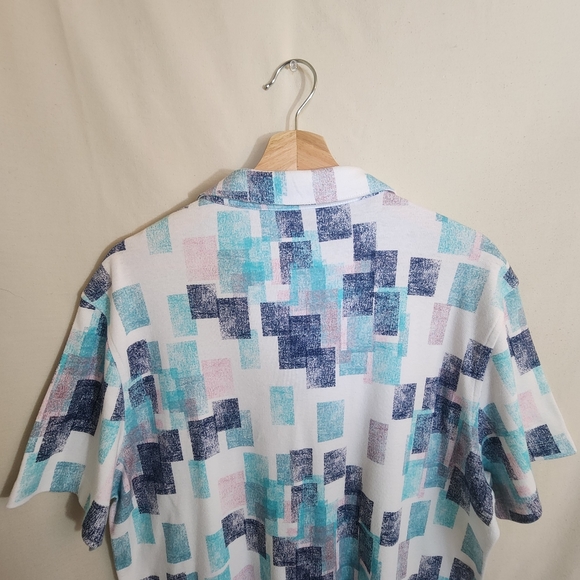 ALFANI Blue & White Square Print Collared Mid Button Short Sleeve Polo Shirt L - Picture 6 of 8